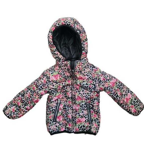 3 Pommes Girls Black Floral Quilted Reversible Puffer Winter Coat - Picture 4 of 7